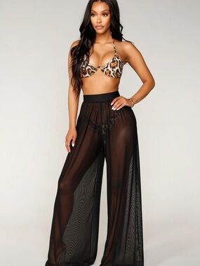 Fashion Nova Sheer Black Wide-Leg Swim Coverup Pants
